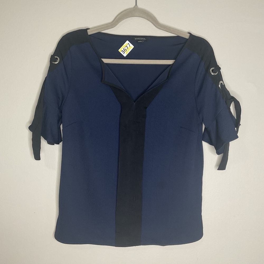 Women's Banana Republic Navy Blue Short Sleeve Tie Sleeves Crepe Top Size XS